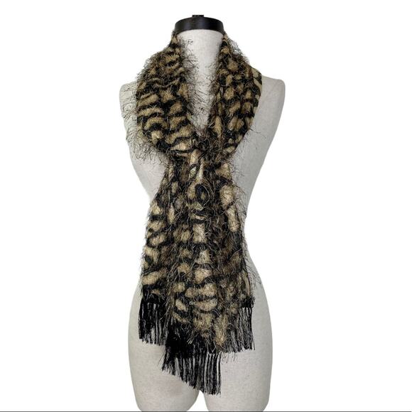 Animal print fringed eyelash scarf, brown & black long rectangle wrap or shawl - Picture 1 of 5